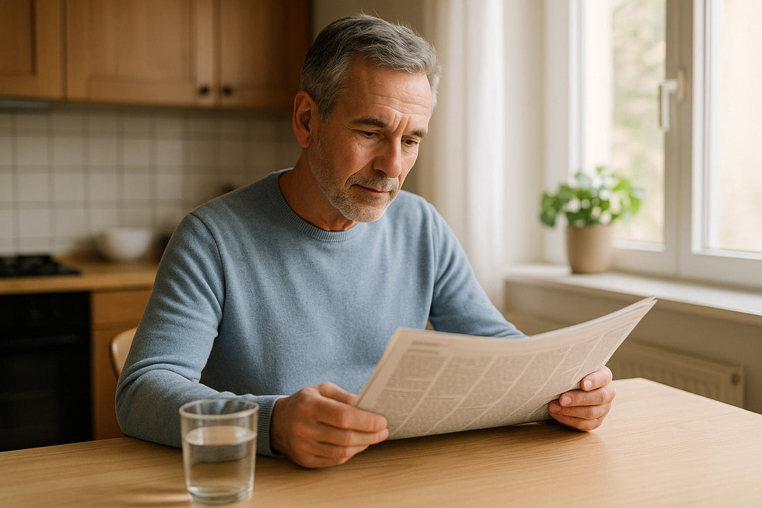 A man sat at a desk reading a newspaper in the morning