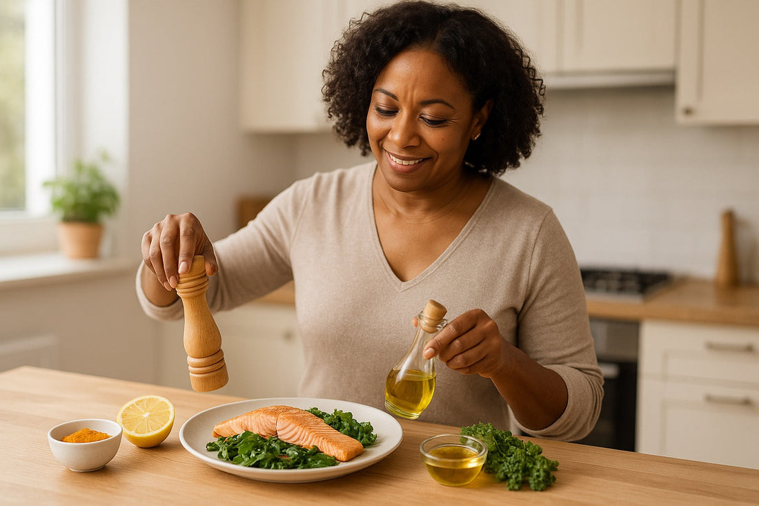 Woman preparing nutrient rich meal in kitchen setting
